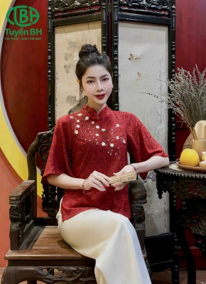 Bộ lụa tằm thêu cành đào Đỏ 