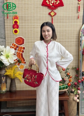 Bộ lụa thiền Trắng viền đỏ