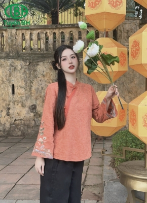 Áo linen Cam hoạ tiết tay loe