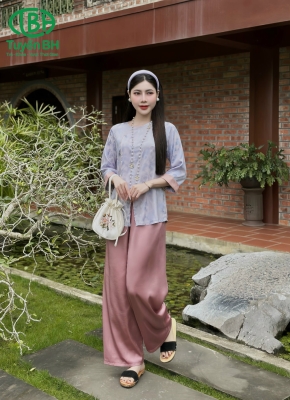 Set tơ tằm vạt hò cúc đá Tím
