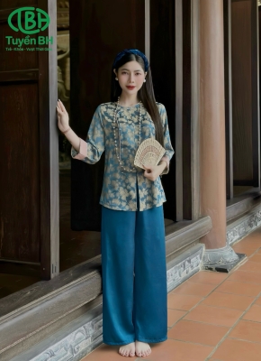 Set tơ tằm vạt hò cúc đá Xanh