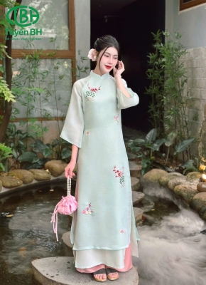 Áo dài voan thêu hoa 2 tà Xanh dương nhạt