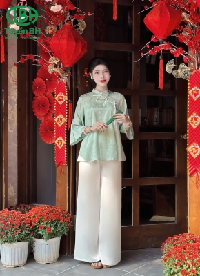 Bộ lam chữ thọ thắt nơ chéo xanh ngọc