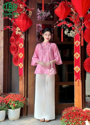Bộ lam chữ thọ thắt nơ chéo hồng