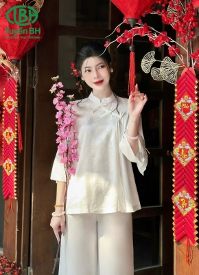 Bộ lam chữ thọ thắt nơ chéo trắng