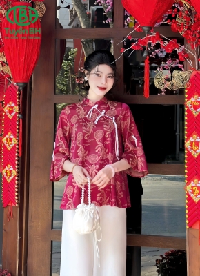 Bộ lam chữ thọ thắt nơ chéo đỏ
