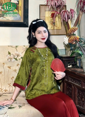 Bộ tơ tằm chữ thọ màu xanh 
