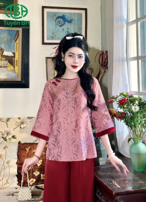Bộ tơ tằm chữ thọ màu đỏ mận