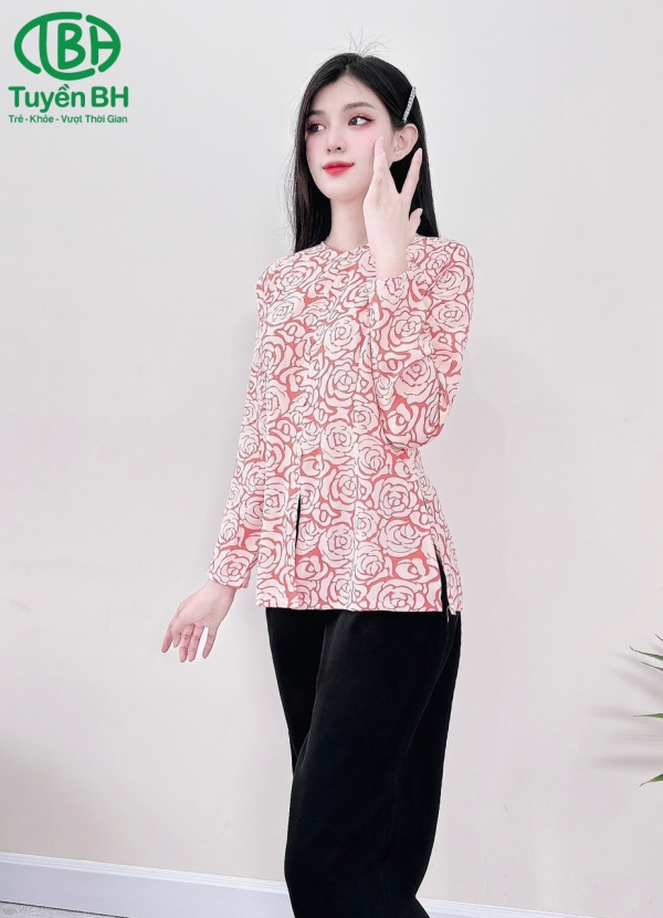 Đồ Bà Ba Tay Dài - Màu Cam Hoa To (Dây Kéo)
