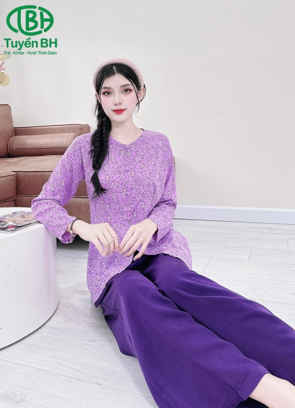 Đồ Bà Ba Tay Dài - Màu Tím Hoa Nhí (Dây Kéo)