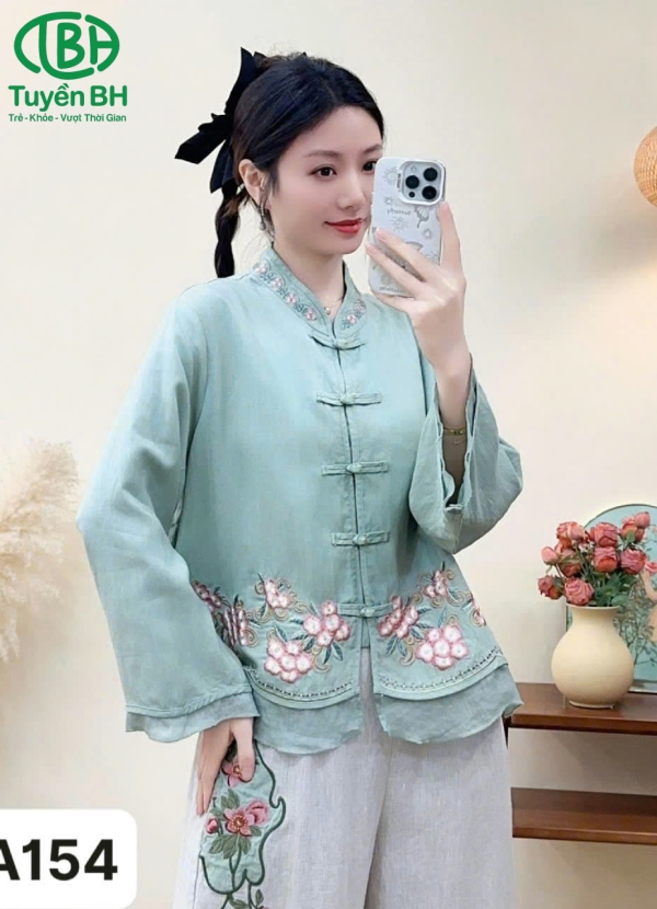 Áo Linen QCCC Freesize Xanh Cúc Tàu 