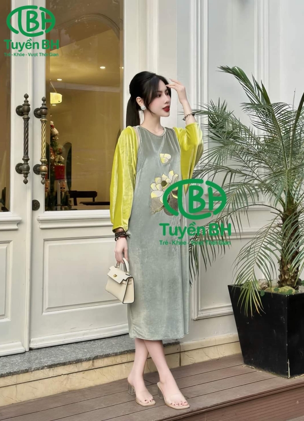 Áo dài Xanh thêu hoa kèm khoác ngoài 