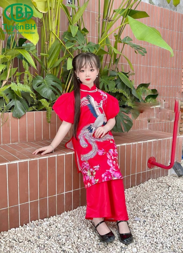 Áo dài Vàng tay bồng in phượng hoàng 