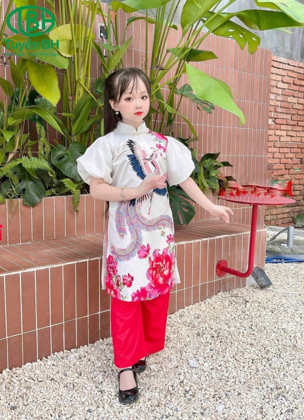 Áo dài Vàng tay bồng in phượng hoàng 