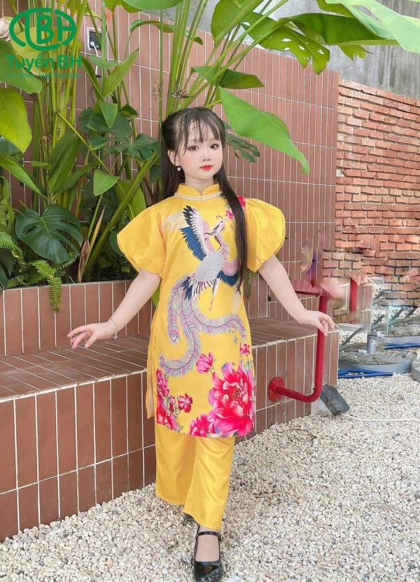 Áo dài Vàng tay bồng in phượng hoàng 