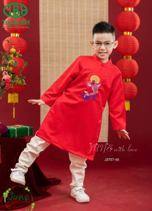 Áo dài bé trai thêu cá chép Đỏ 