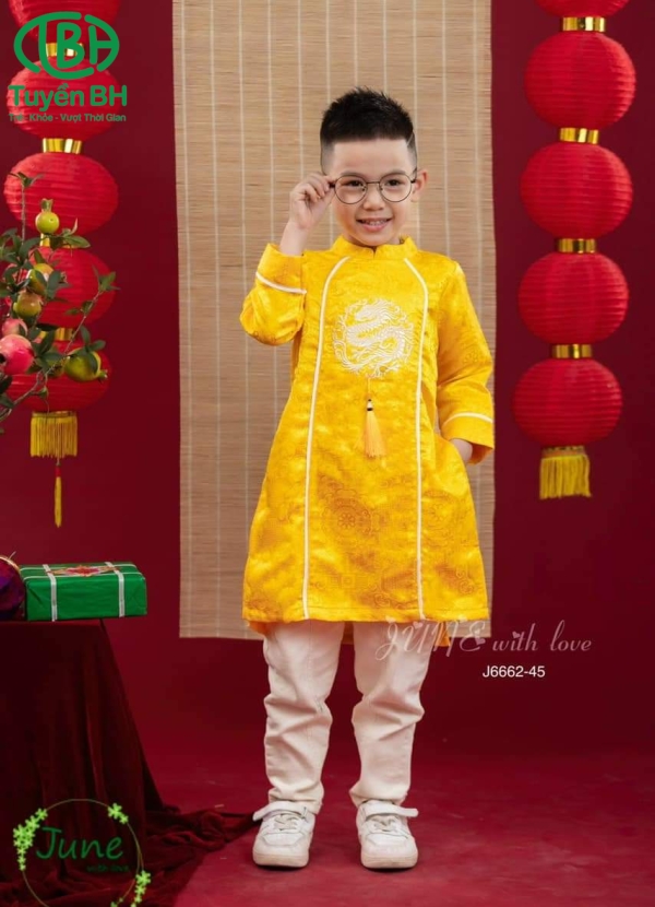 Áo dài bé trai thêu rồng Vàng kẻ trắng 
