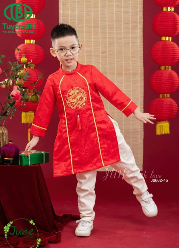 Áo dài bé trai thêu rồng Đỏ kẻ trắng 