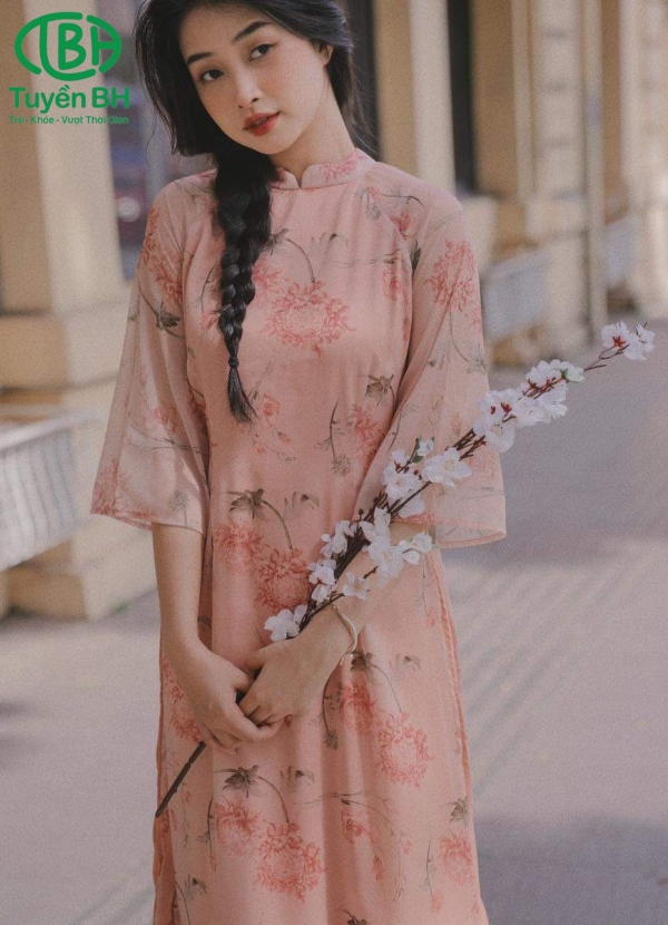 Áo dài voan Hồng in hoa 