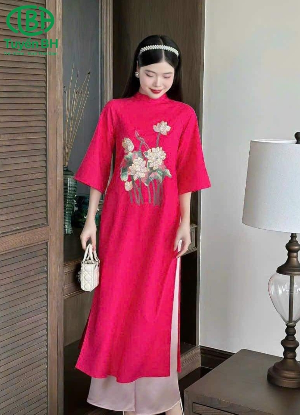 Áo dài linen thêu Trắng 