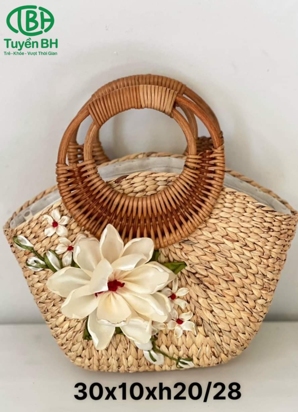 Túi cói vạt bầu hoa 3D Vàng