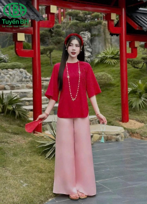 Bộ lam cổ tết đính nơ vai Trắng