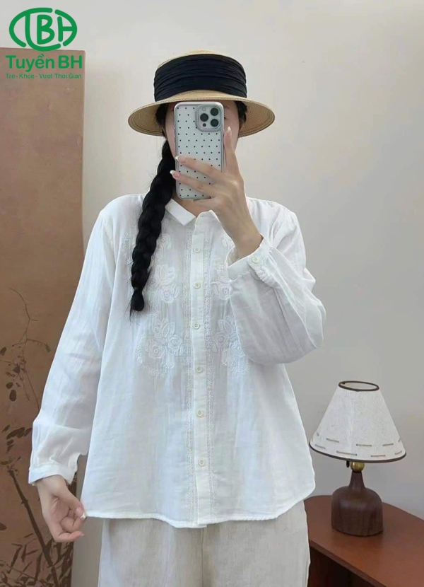 Áo linen Trắng sơ mi thêu hoa tay dài