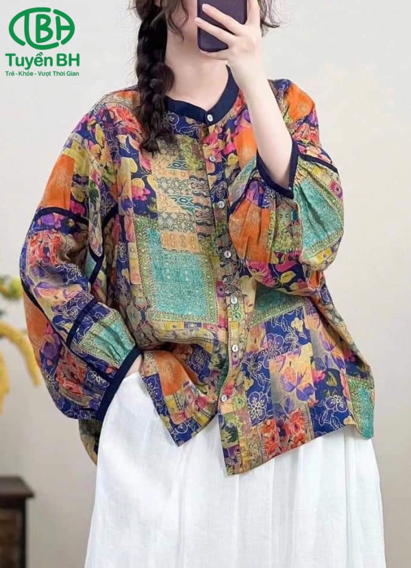 Áo linen Tím họa tiết mới lạ