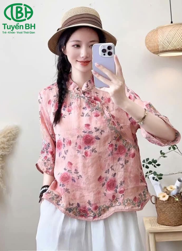 Áo linen Hồng cúc tàu họa tiết hoa hồng