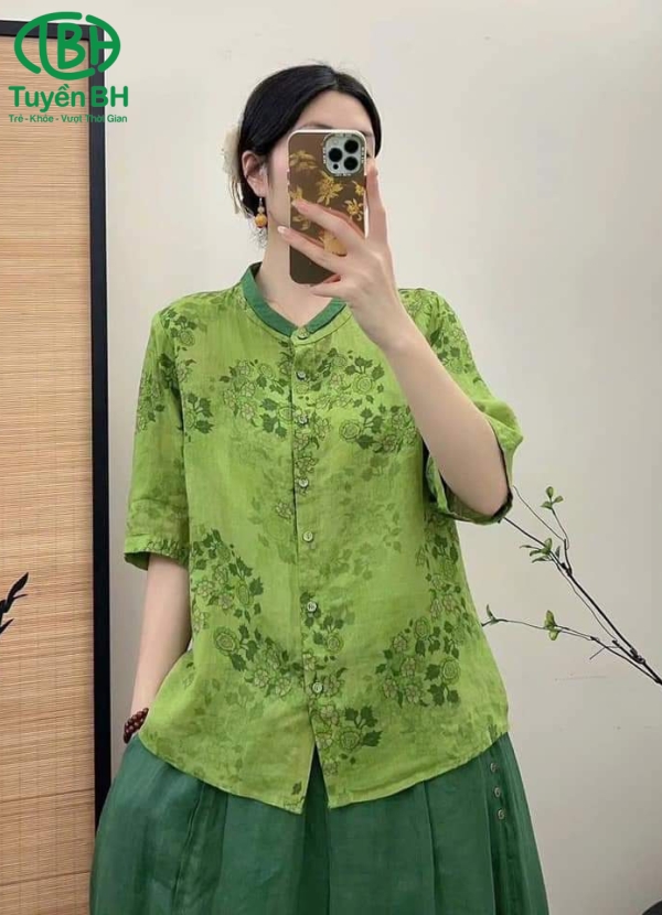 Áo linen họa tiết hoa hồng XanhXanh