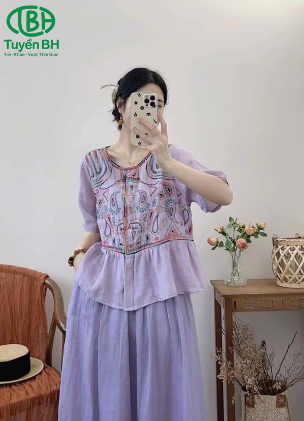 Áo linen Tím họa tiết 