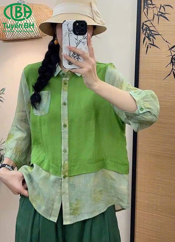 Áo linen phối cổ sơmi Xanh