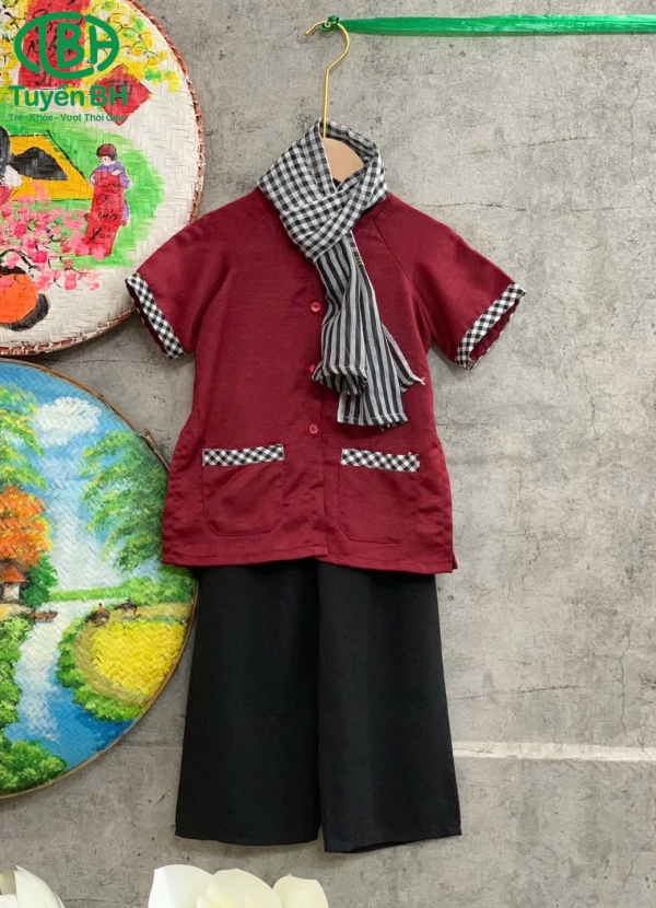 Bộ bà ba khăn rằn Nâu phối caro tay ngắn
