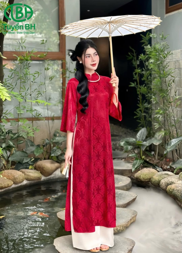 Áo dài họa tiết chữ Thọ có cổ Xanh