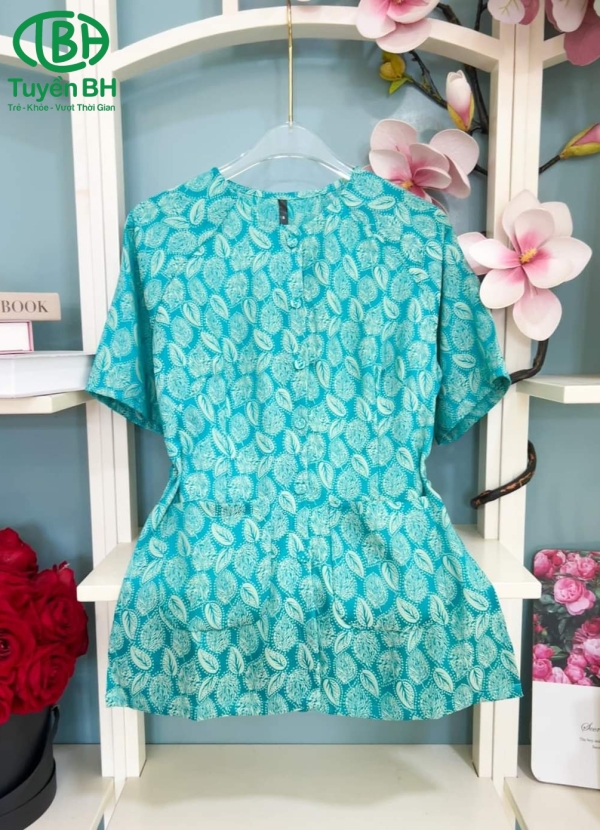 Bộ bà ba tay ngắn 2 túi Xanh dương họa tiết chiếc lá