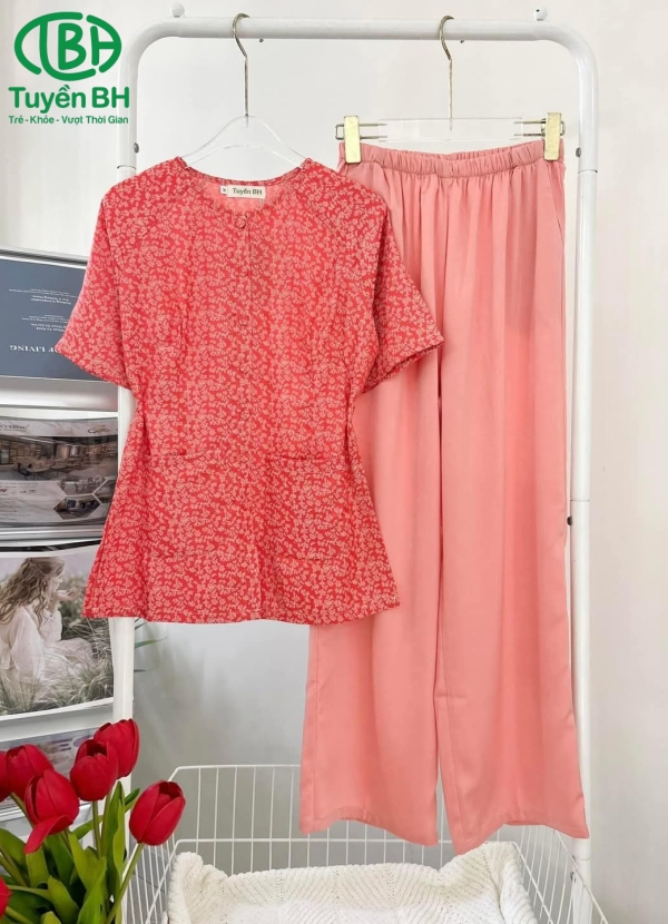 Bộ bà ba tay ngắn 2 túi Cam hoa nhí