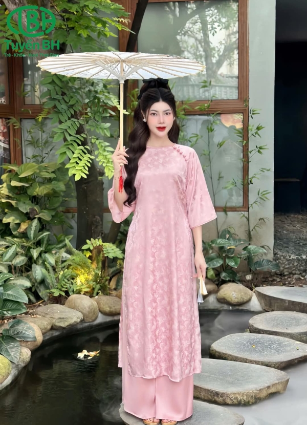 Áo dài hồ điệp Đỏ cúc bọc đính vai