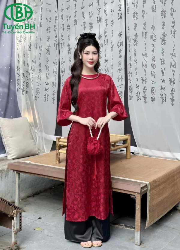 Áo dài hồ điệp Xanh dương cúc bọc đính vai