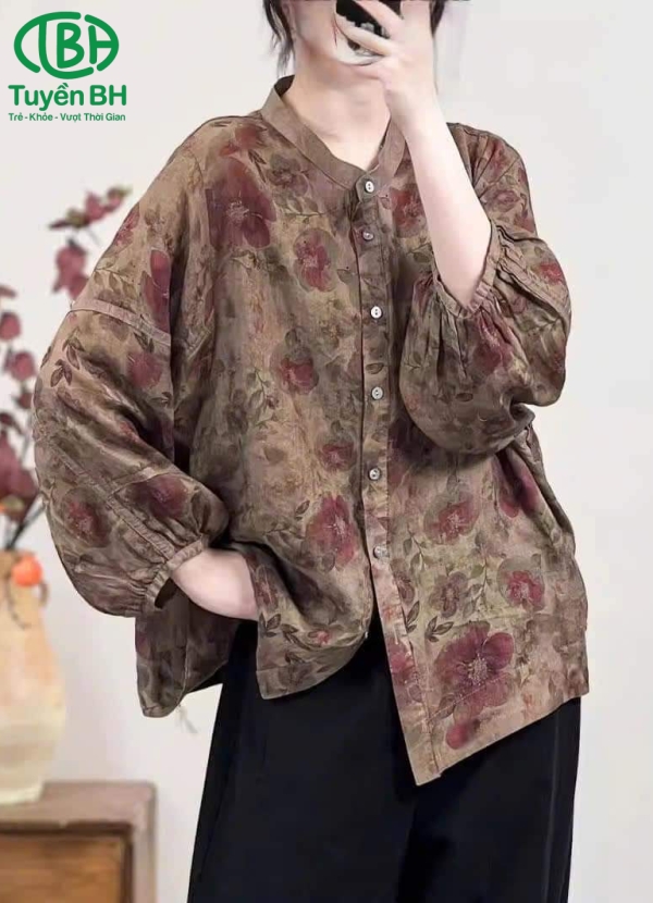 Áo linen Nâu họa tiết mới lạ