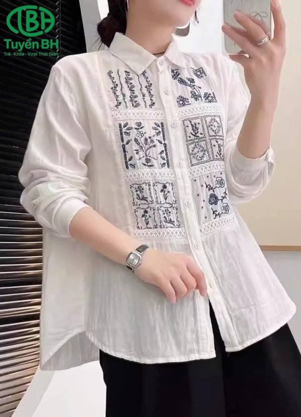 Áo linen Trắng cổ sơmi họa tiết hoa 6 ô