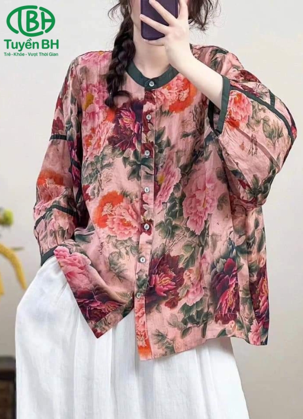Áo linen Nâu họa tiết mới lạ