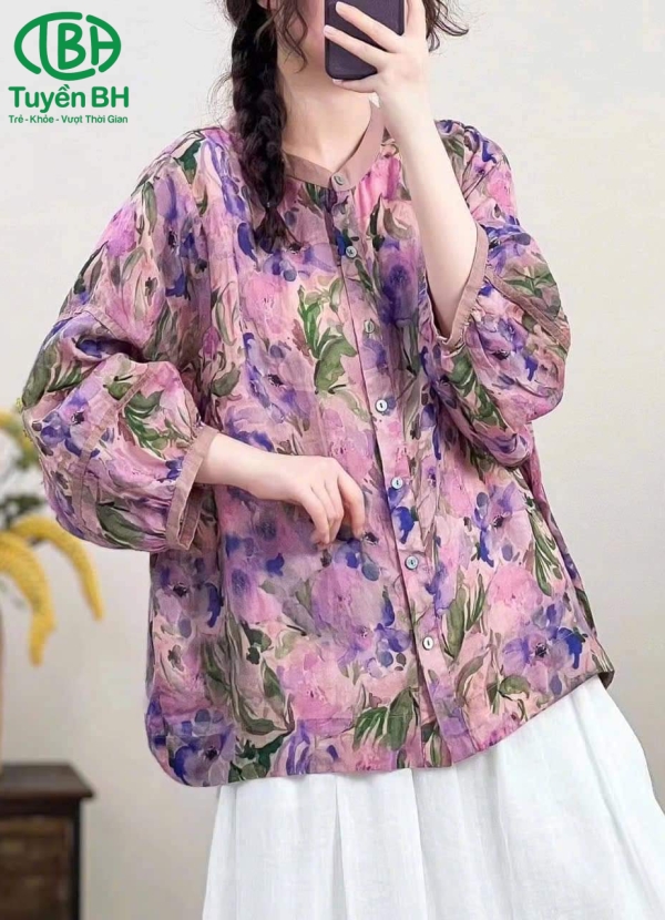Áo linen Nâu họa tiết mới lạ