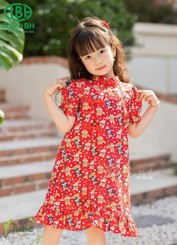Đầm sườn xám họa tiết chó mèo Đỏ