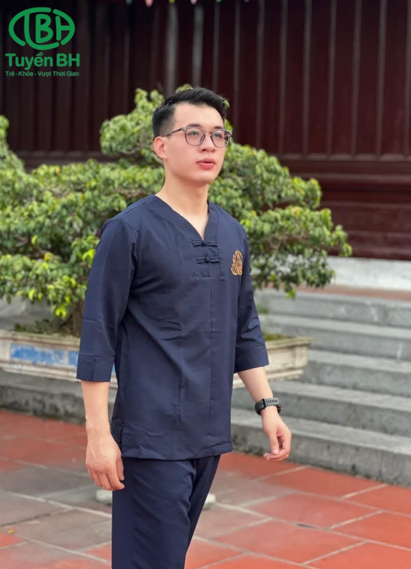 Bộ lam đũi thêu sen cho nam Xanh dương 