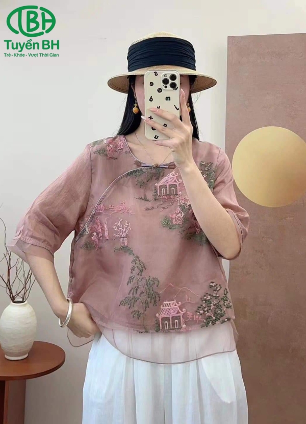 Áo linen tơ 2lớp Nâu