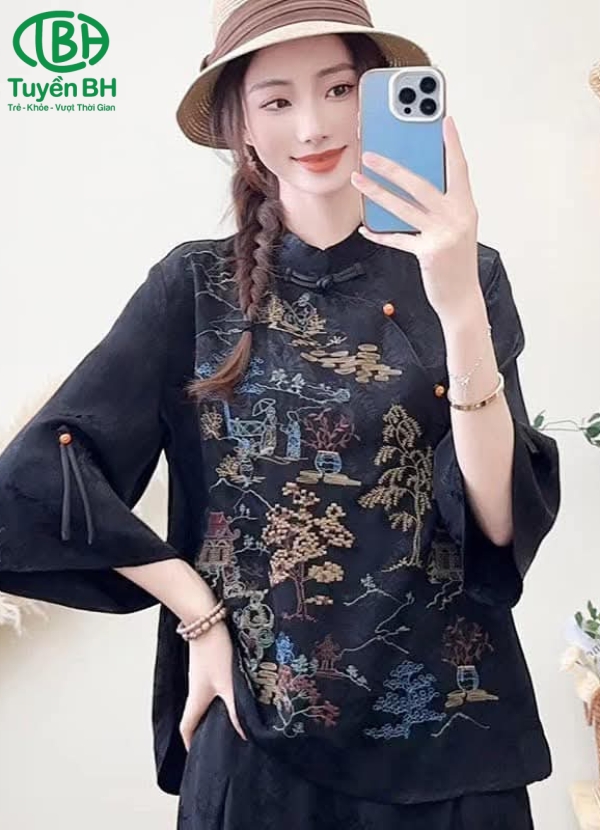 Áo linen Đen cúc tàu họa tiết cây kim tiền