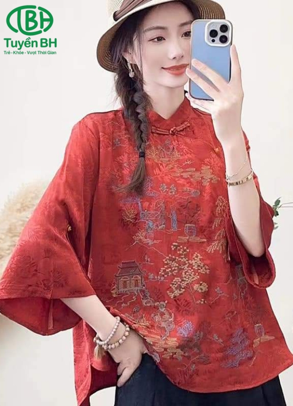 Áo linen Đen cúc tàu họa tiết cây kim tiền