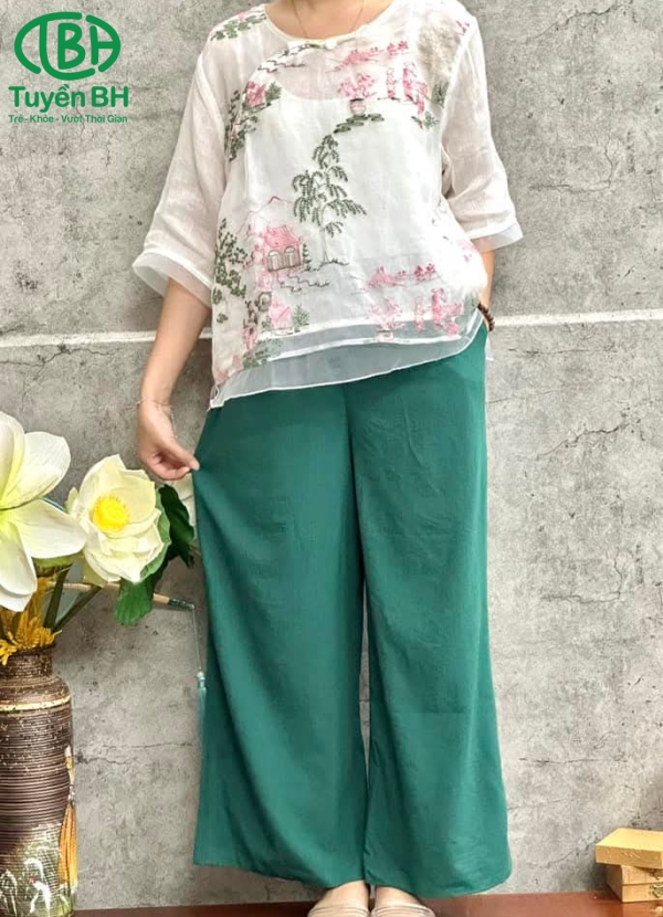 Quần linen ĐỏĐỏ trơn lưng bản to