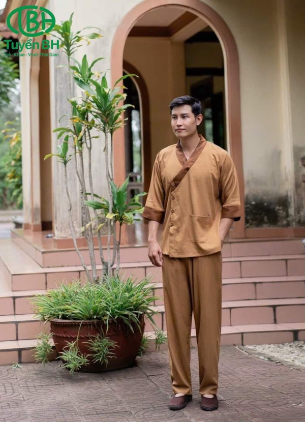 Bộ lam Nâu Đất nam cổ chéo 4 cúc 