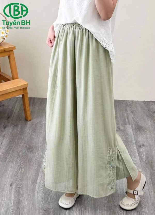 Quần linen tơ Trắng dây rơi 2lớp xẻ tà